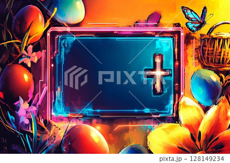 Colorful neon radiance square frame surrounded by festive elements for spring celebrations in a vibrant setting 128149234