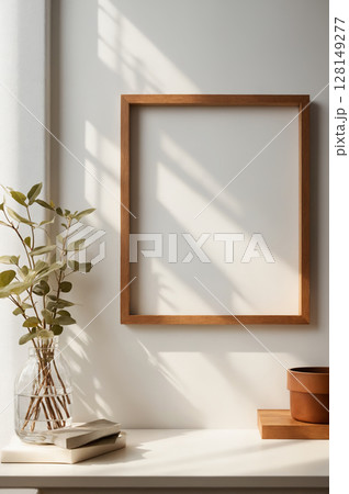 empty wooden photo frame on white wall. Still life. 128149277