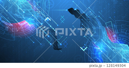 Abstract data background with wireframe wave and circuit lines. Technology concept. Vector 128149304