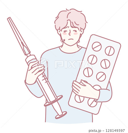 A Concerned Individual Holding a Syringe and Pills, Expressing Worry About Health Issues A Concerned Individual Holding a Syringe and Pills, Expressing Worry About Health Issues 128149397