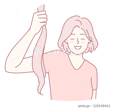 A Joyful Person Holding a Long, Flowing Strand of Hair, Radiating Happiness and Creativity A Joyful Person Holding a Long, Flowing Strand of Hair, Radiating Happiness and Creativity 128149422