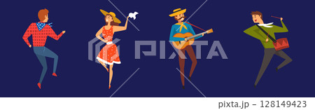 Man and Woman Country Dancer Moving Body Vector Set 128149423