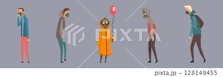 People Character in Masks Protect from Fine Dust and Toxic Air Breathing Vector Set 128149455