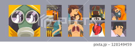 Environmental Pollution and Air Contamination with Suffering People Vector Poster Set 128149459