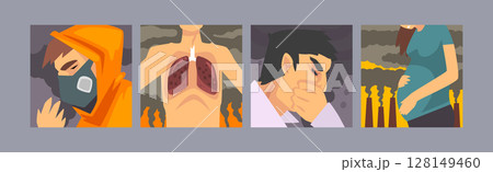 Environmental Pollution and Air Contamination with Suffering People Vector Poster Set Environmental Pollution and Air Contamination with Suffering People Vector Poster Set 128149460