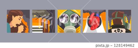 Environmental Pollution and Air Contamination with Suffering People Vector Poster Set 128149462
