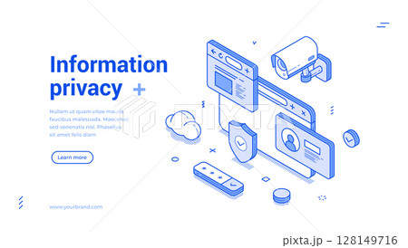 Personal information privacy protection secure outline isometric web banner design template vector 128149716