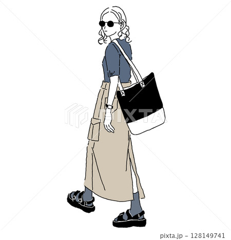 カーゴロングスカートにサングラスのコーディネートの女性のイラスト 128149741