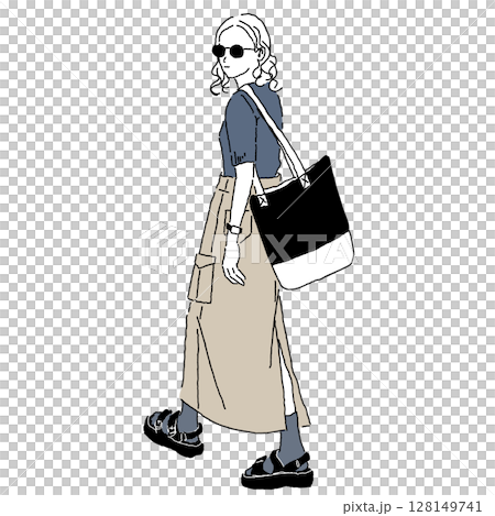 カーゴロングスカートにサングラスのコーディネートの女性のイラスト 128149741