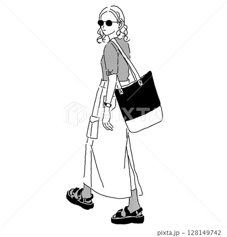 カーゴロングスカートにサングラスのコーディネートの女性のイラスト 128149742