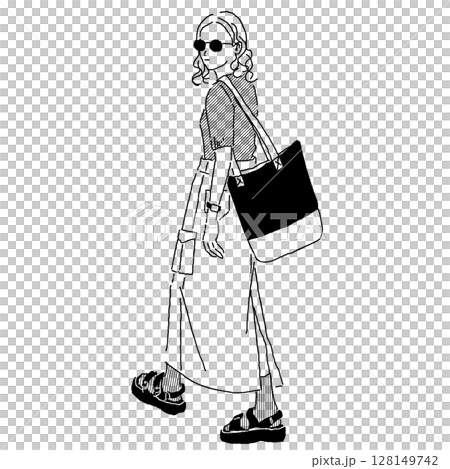 Illustration of a woman wearing a cargo long skirt and sunglasses 128149742