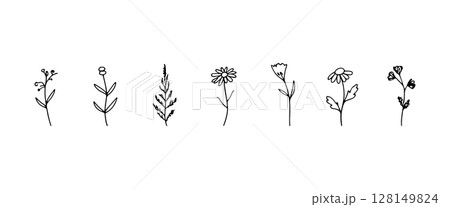 Stylized Line Flowers. Clean and simple floral illustrations with stylized petals and minimalist stems for modern botanical compositions. 128149824