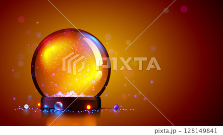 Snow globe vector template. Empty glass snowball with snow, snowflakes. Template Glass snow globe or ball Christmas decorative design. Podium under transparent glass sphere with glow lights. Xmas. 128149841
