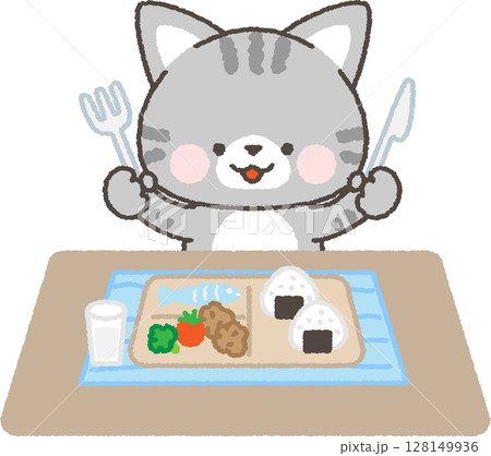 ナイフとフォークを持ってバランスの良い食事を摂るサバトラネコ 128149936