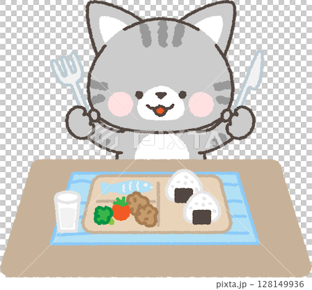 ナイフとフォークを持ってバランスの良い食事を摂るサバトラネコ 128149936