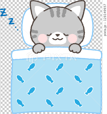 布団に入って眠るサバトラネコ 128149937