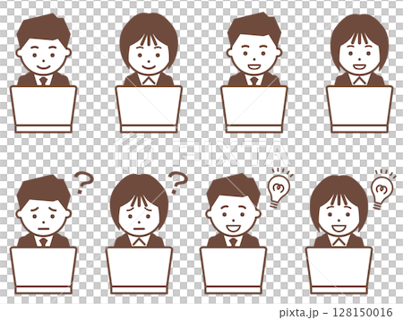 Icon of a man and woman in a brown suit operating a personal computer 128150016