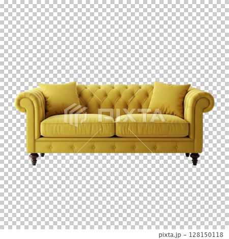 Vibrant yellow two-seater tufted sofa with rolled arms and decorative wooden legs 128150118