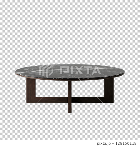 Luxurious round black marble top coffee table with dark wood legs for modern homes 128150119