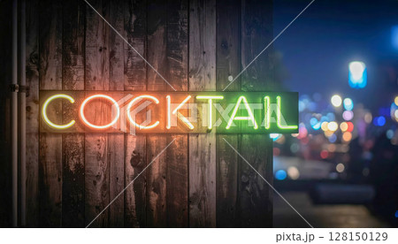 A neon sign that says Cocktail on it. The sign is lit up and is on a wooden post 128150129