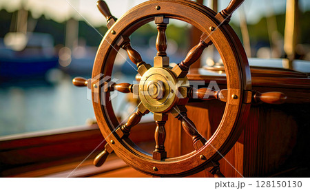 A wooden steering wheel with a gold center. The wheel is on a boat and is surrounded by water 128150130