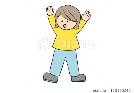 両手をあげて驚いている女の子のシンプルなイラスト 128150246