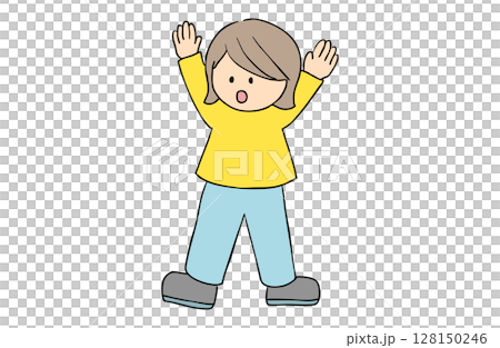 一個簡單的插圖，一個女孩驚訝地舉起雙手 128150246