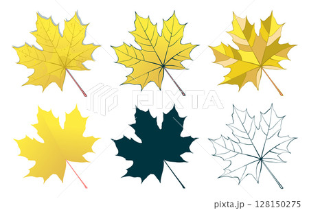 Hand-drawn gold autumn colored maple leaves collection isolated on white background. Flat and line style vector illustration. 128150275