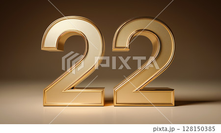 Gold metal number 22 in 3D illustration 128150385