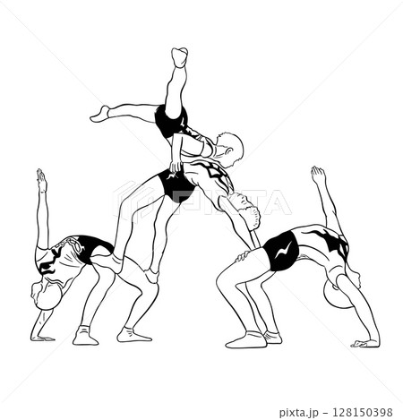 Acrobatic, balance, performance, cooperation concept. Hand drawn acrobats on static scene . Isolated vector illustration , acrobatics, gymnastic sketch illustration. 128150398