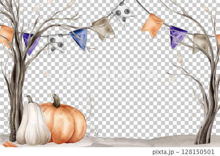 Halloween Banner watercolor illustration. Drawing of autumn frame with garlands and trees on isolated background for Harvest festival or Halloween greeting cards. Border with pumpkin and fall leaves 128150501