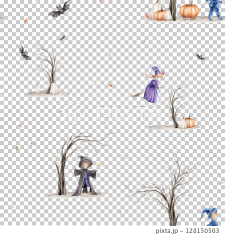 Halloween seamless pattern with watercolor illustration with wizard with a magic wand. Drawing of autumn trees without leaves and witch with on a broomstick, pumpkin and fall leaves, cute black bat 128150503