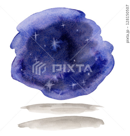 Watercolor piece of purple blue night sky with white stars for background. Hand drawn illustration. Shades of blue and gray watercolor stains for Halloween or character and grey stripes of land 128150507