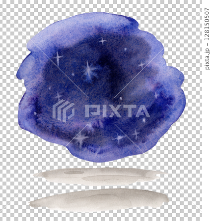 Watercolor piece of purple blue night sky with white stars for background. Hand drawn illustration. Shades of blue and gray watercolor stains for Halloween or character and grey stripes of land 128150507