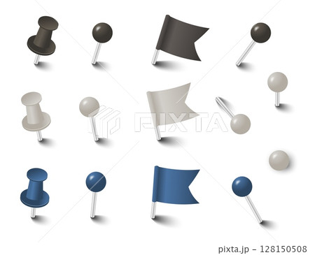 Set of push pins and flag markers in white, blue, and black colors. Vector office stationery for notes, reminders, planning, and school use, isolated 128150508