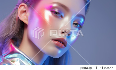 Fashion model with holographic makeup. Portrait closeup of a beautiful girl with glossy make-up. 128150627