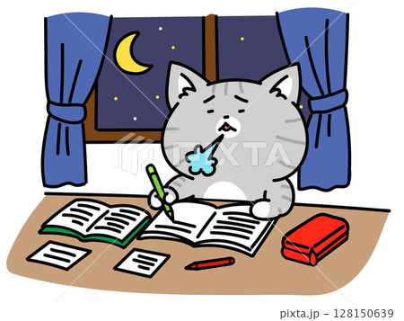 勉強がちっとも終わらない、気がつけば深夜の猫ちゃん 128150639