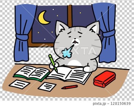 勉強がちっとも終わらない、気がつけば深夜の猫ちゃん 128150639
