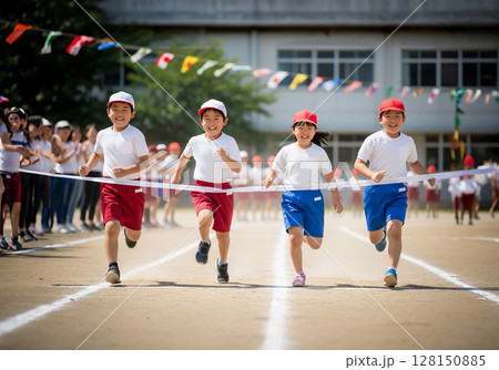 笑顔の子どもたち 徒競走 運動会 128150885