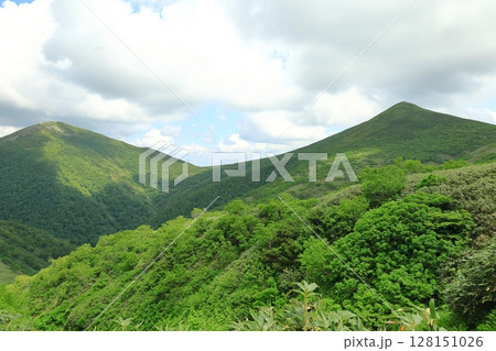 天塩岳から天塩岳避難小屋へ向かう登山道より天塩岳と前天塩岳方面を望む 天塩岳から天塩岳避難小屋へ向かう登山道より天塩岳と前天塩岳方面を望む 128151026