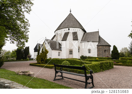 White round Osterlars church on the island of Bornholm, Denmark. 128151083