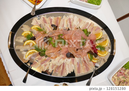 Cold smoked fish on a buffet, Germany Cold smoked fish on a buffet, Germany 128151280