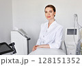 Professional female dermatologist in white medical coat posing in cosmetic clinic. Beauty specialist surrounded by high-tech skincare equipment. Clean aesthetic environment, healthcare and wellness 128151352