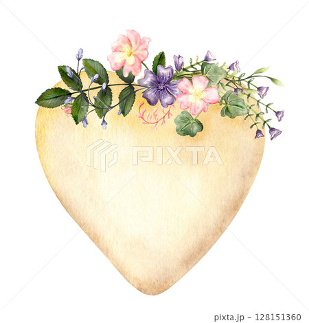 Watercolor Floral Heart on White Background 128151360