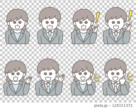 Smiling men and women in suits, upper body illustrations in various poses 128151372