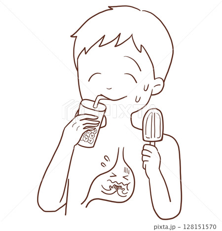 冷たいものを暴飲暴食する男性(線画) 128151570