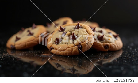 Freshly baked chocolate chip cookies with gooey melted chocolate bits 128151758