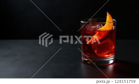 Bold negroni served in a lowball glass with fresh orange zest garnish 128151759