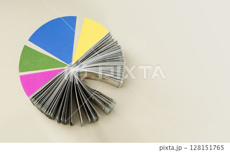 US dollar Pie Chart representing Smart portfolio allocation between cash and assets, diversified financial strategy. table top view US dollar Pie Chart representing Smart portfolio allocation between cash and assets, diversified financial strategy. table top view 128151765