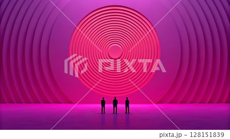 Three figures stand before a large pink concentric circle design on a pink and purple wall 128151839
